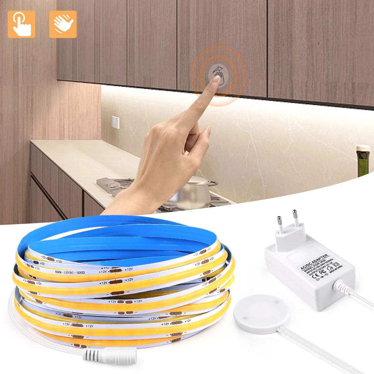 Unter dem Schrank, 24 V, COB-LED-Streifen, Lichtband, Kleiderschrank, Küche, Schrank, Hintergrundbeleuchtung, Lampe, durchdringbar, Holz, Touch, dimmbar, Bewegungssensor Image