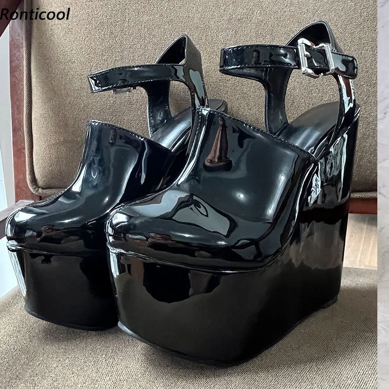 Ronti cool echte Fotos Frauen Pumps Schnallen riemen sexy Wedges Heels runde Zehen Klassiker schwarze Party Schuhe Damen uns plus Größe 5-15