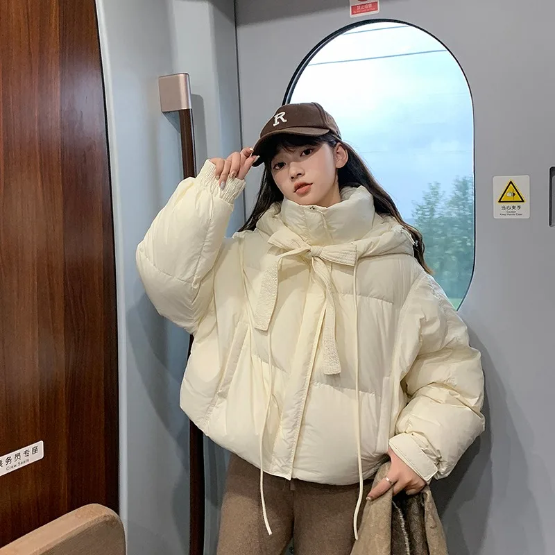 Daunen jacke kurze Parkas Frauen koreanischen Stil Kapuze Langarm Schleife Schnürung einfarbig verdickt Büro Dame Baumwolle Mantel weiblich