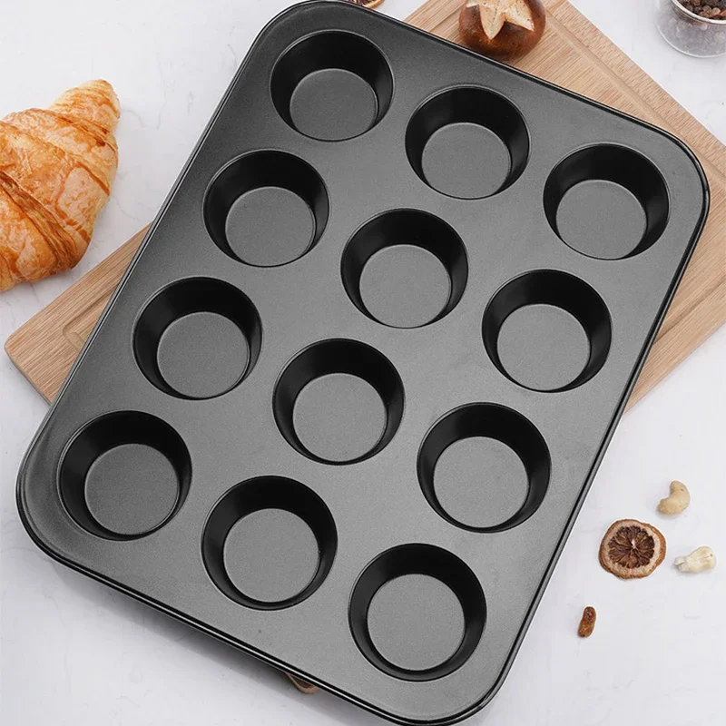 12-Loch-Cupcake-Backblech, antihaftbeschichtet, aus Stahl, Muffin-Kuchenform, rund, für Pudding, Kekse, Kekse, Backblech, Backzubehör Image