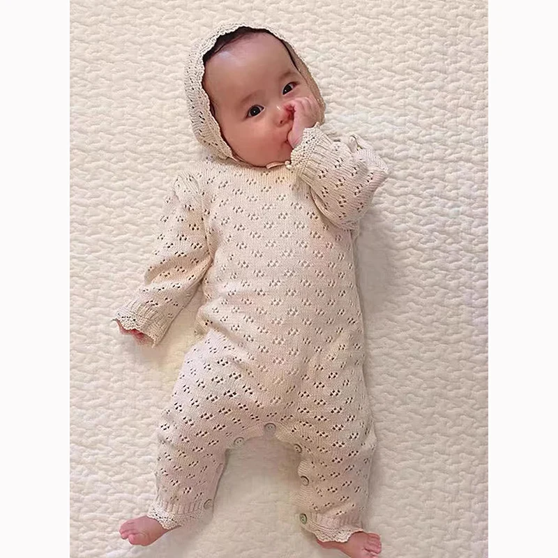 Herbst Baby Strampler Baumwolle Gestrickte Neugeborenen Jungen Mädchen Overall Outfit Lange Ärmeln Infant Kleinkind Aushöhlen Kleidung Hut Onesies Image