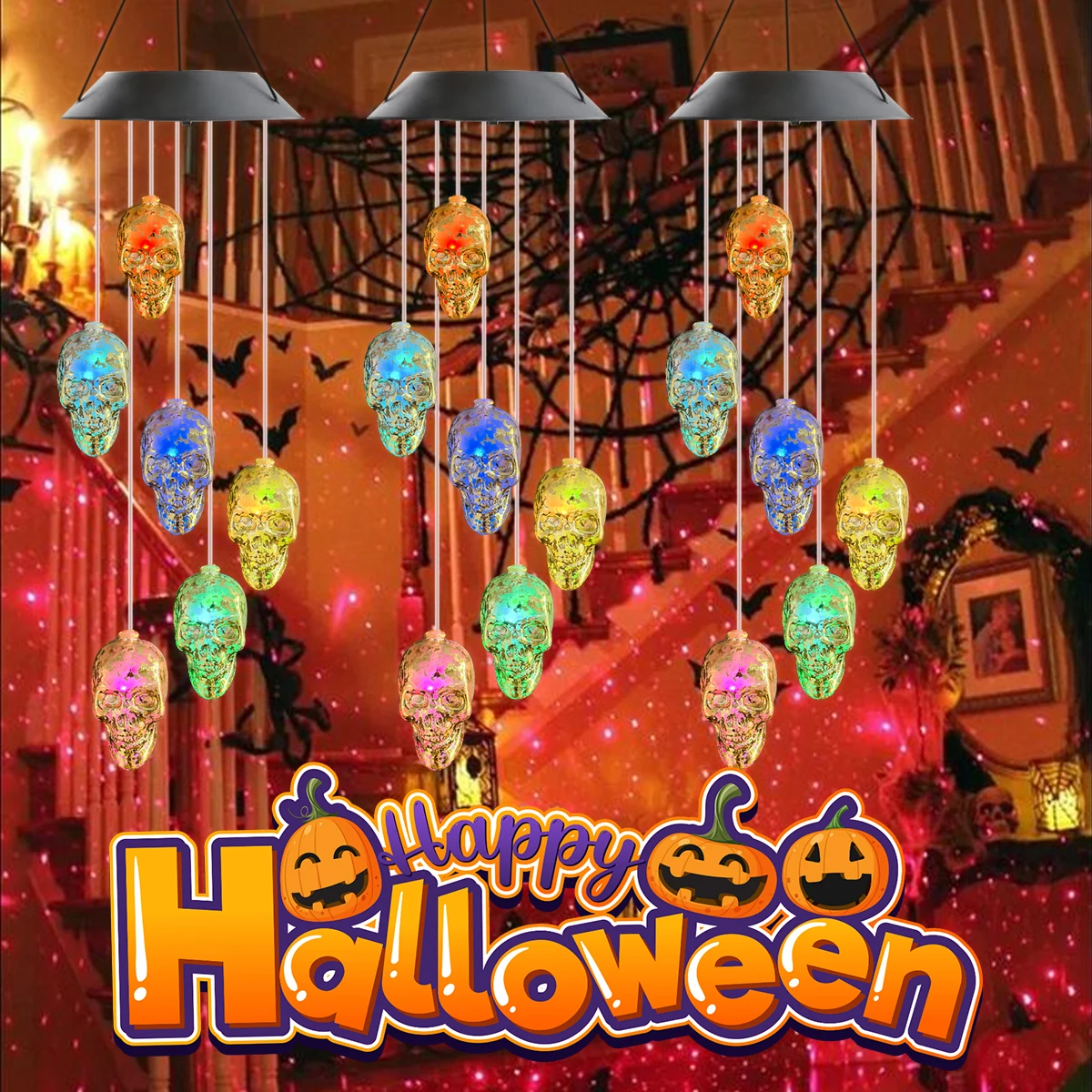 1PC Solar Powered Halloween Goldene Schädel Kopf Wind Chime Licht Farbwechsel Wasserdichte Hängende Tragbare Garten Licht Image