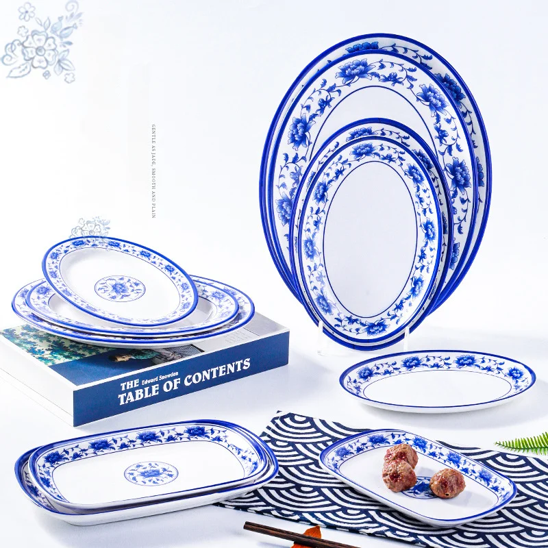 Melamin chinesischer Stil blau und weiß Porzellan Geschirr kreative ovale Teller Image