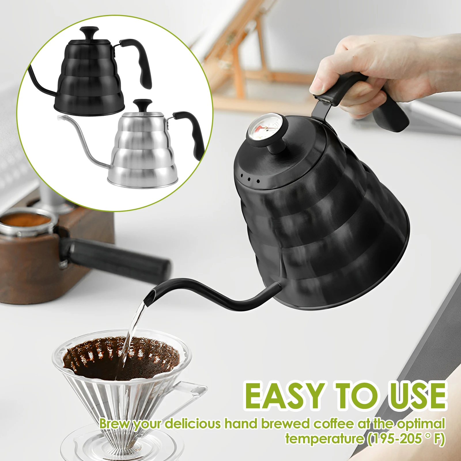 Kaffeekessel, 1,2 l, Teekanne, Edelstahl, Teekessel, Schwanenhals-Topf mit Thermometer für Zuhause, Büro, Café, Übergießkaffeemaschine