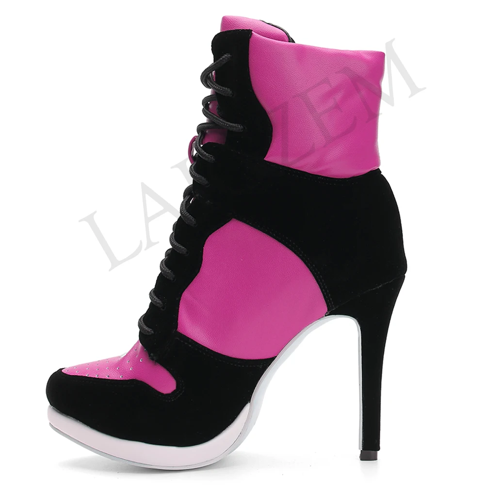 LAIGZEM SUPER Cool Frauen Stiefeletten Einstellbare Lace Up Ferse Stiefel Damen Schuhe Frau Botines Mujer 2020 Kleine Große Größe 34-47