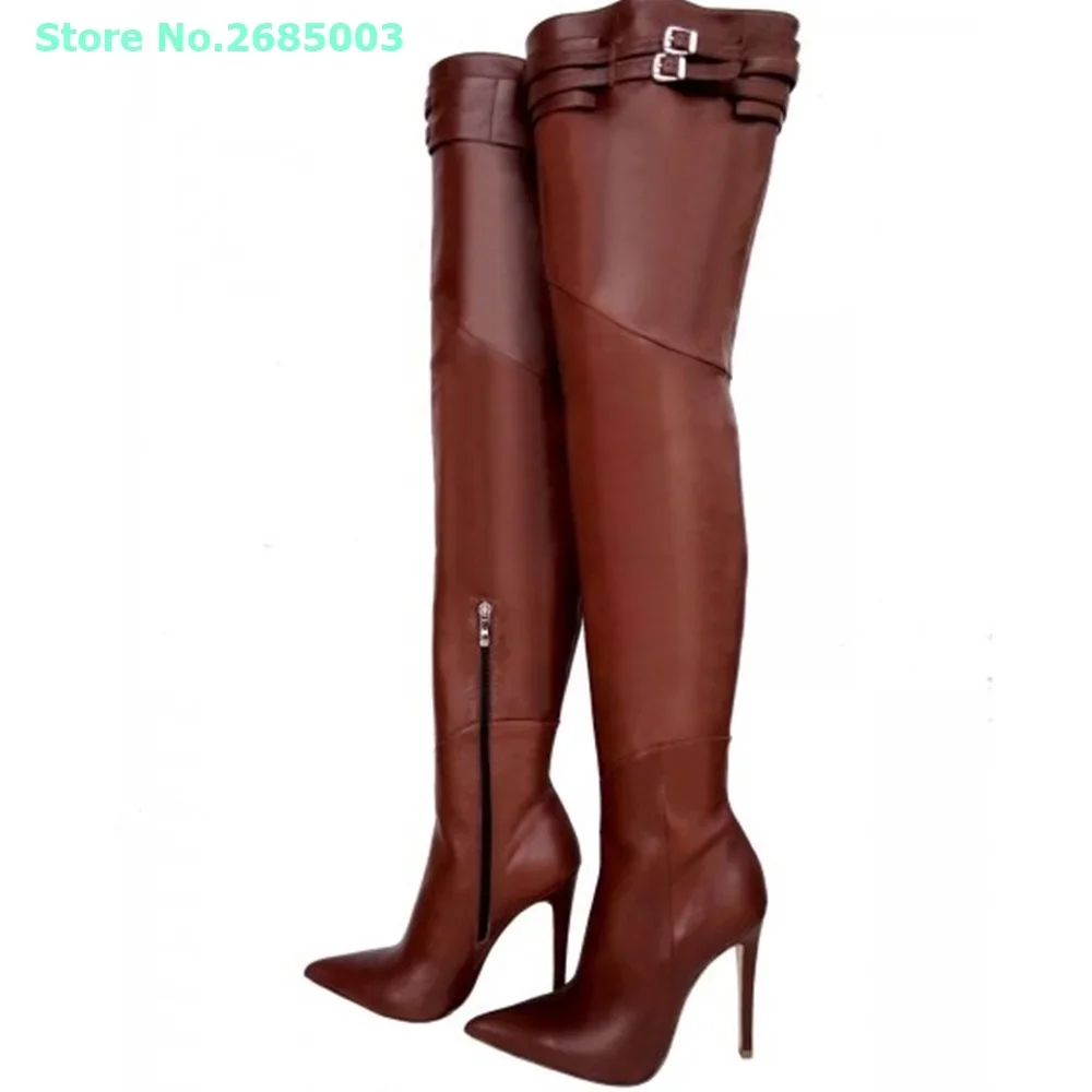 Braun Schnalle Oberschenkel Hohe Stiefel Spitz Dünne High Heels Seite Zipper Solide Leder Autume Winter Stiefel Frauen Party Kleid schuhe