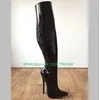 Dame Spiegel Pu Metallic Knie Stiefel Super Ferse Tanz spitzen Zehen Pu schwarze Stiefel Gothic Punk-Stil Stiefel sexy Größe 35-46 Schuhe