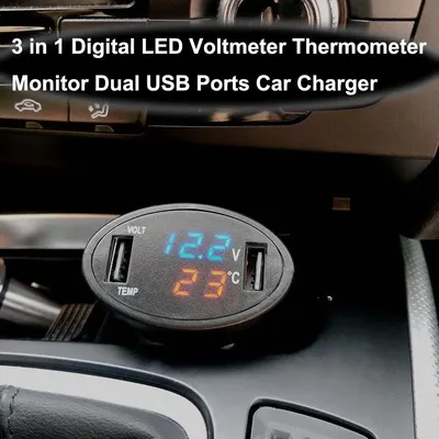 3 in1 Auto Zigarette 12v Dual USB Ladegerät LED Thermometer Voltmeter schwarz Image