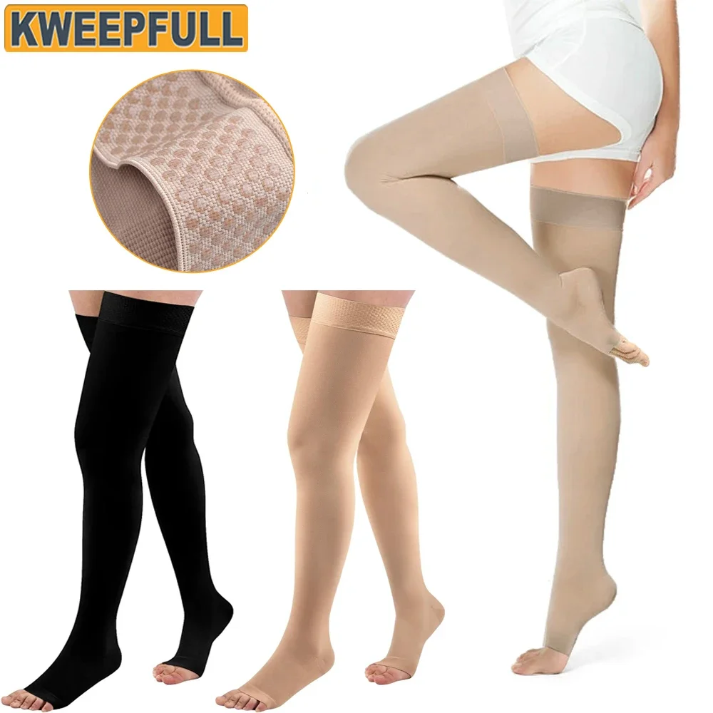 1 Paar 20–30 mmHg Kompressionsstrümpfe für Damen und Herren, oberschenkelhohe, fußlose Kompressionsstrümpfe für Krampfadern, Ödeme, DVT Image