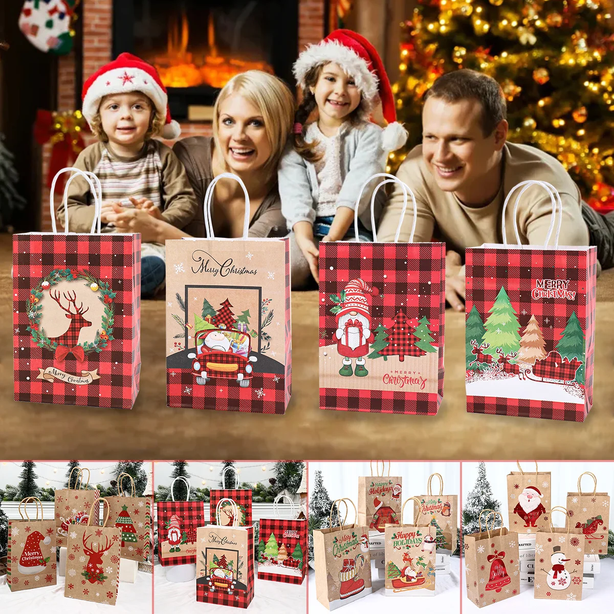 4 Stück Weihnachten Kraft papier Handtaschen Weihnachten Geschenke Taschen Frohe Weihnachten Dekor für Zuhause Weihnachten Navidad Neujahr Packt aschen Image