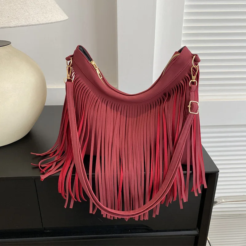 Vintage-Quasten-Umhängetaschen für Damen, große Kapazität, lässige Fransen-Umhängetasche für Outdoor-Reisen, Damenhandtaschen Image