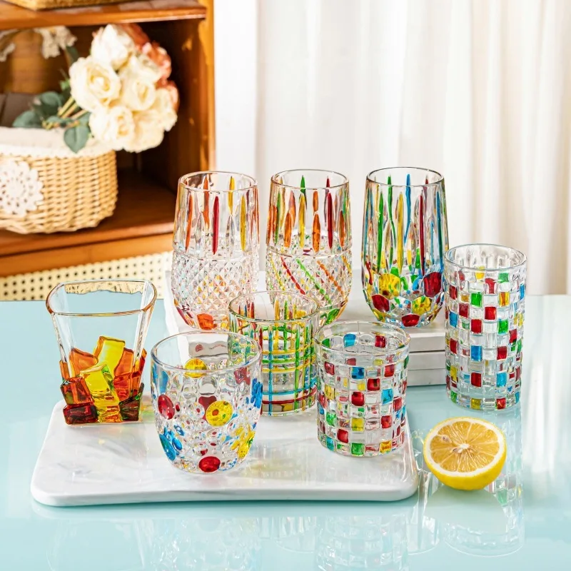 Neue italienische hand gezeichnete Kristall kontrast farbe Highball Glas Cocktail Wasser Trinkgläser altmodische Whisky Tasse Wein becher Image