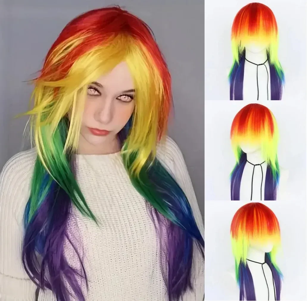 Cosplay Perücken lange gerade geschichtete Regenbogen Haar Perücken synthetische Faser Haare rsatz Perücken für Halloween Kostüm Party Perücke Image