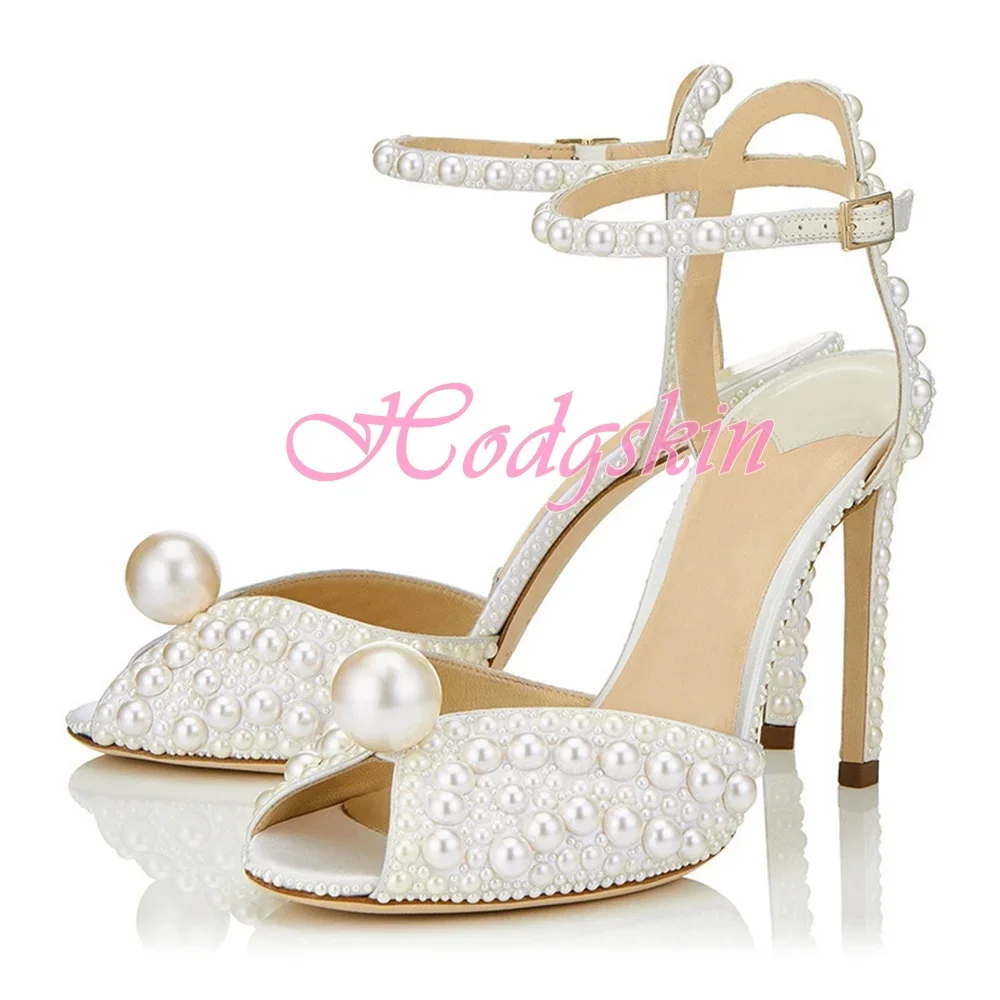 Perle besetzt Schnallen Sandalen Peep Toe sexy Design Frauen Schuhe solide Stöckels chuhe Knöchel riemen Sommer Party Hochzeit Pumps Schuh