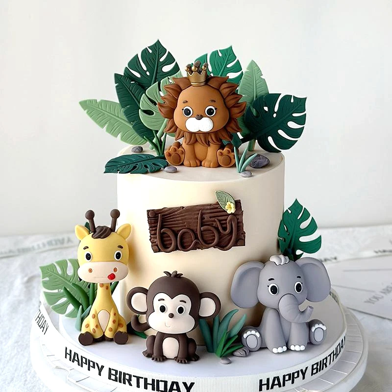 Wald Wildtier Kuchen Topper Giraffe Elefant Affe Löwe Kuchen Puppe Geschenk Ornamente Safari Dschungel Geburtstag Party Kuchen Kind Gefallen Image