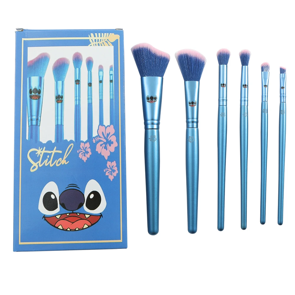 6-teiliges/Set Stitch Modisches, personalisiertes Make-up-Pinselset mit Holzgriff und Box-Verpackung, blau, für Foundation und Lidschatten Image
