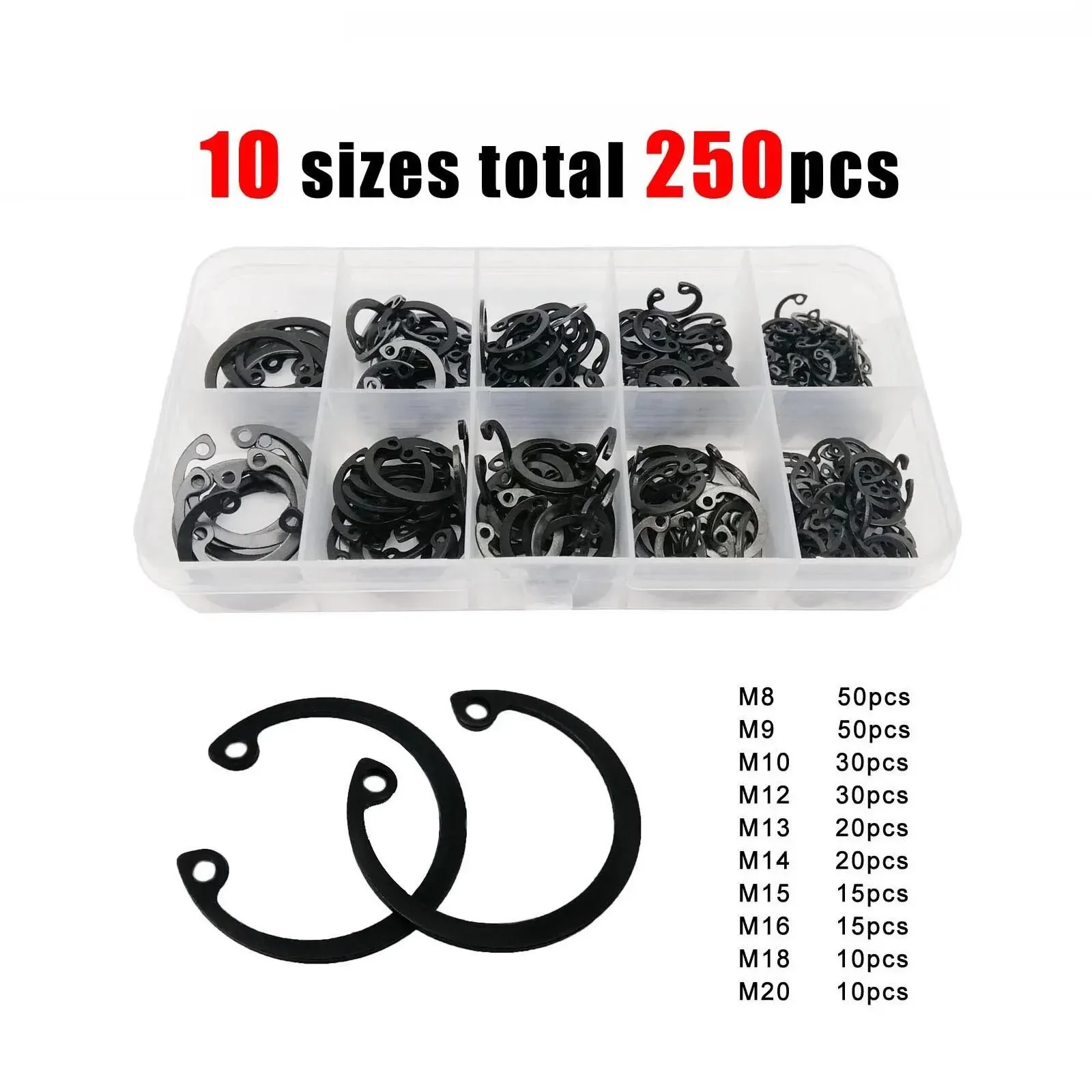 250 Stück C-Typ Innensicherungsring Lochclip-Sicherungsring Mix M8 M9 M10 M12 M13M14M15M16M18M20 Kit-Set Schwarz 65 mn Stahlwellenbefestigung Image