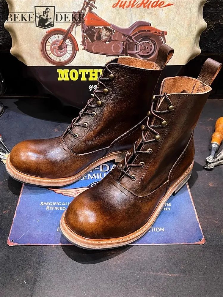 Rindsleder Echtes Leder Handgemachte Motorrad Kurze Stiefel Herren Schnürung Runde Kappe Vintage High Top Schuhe Herbst Reitstiefel