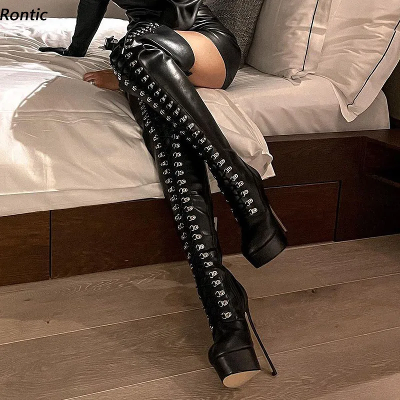 Rontic Handgemachte Frauen Winter Über Das Knie Stiefel Stiletto Heels Runde Kappe Schwarz Party Schuhe Damen UNS Plus Größe 5-20
