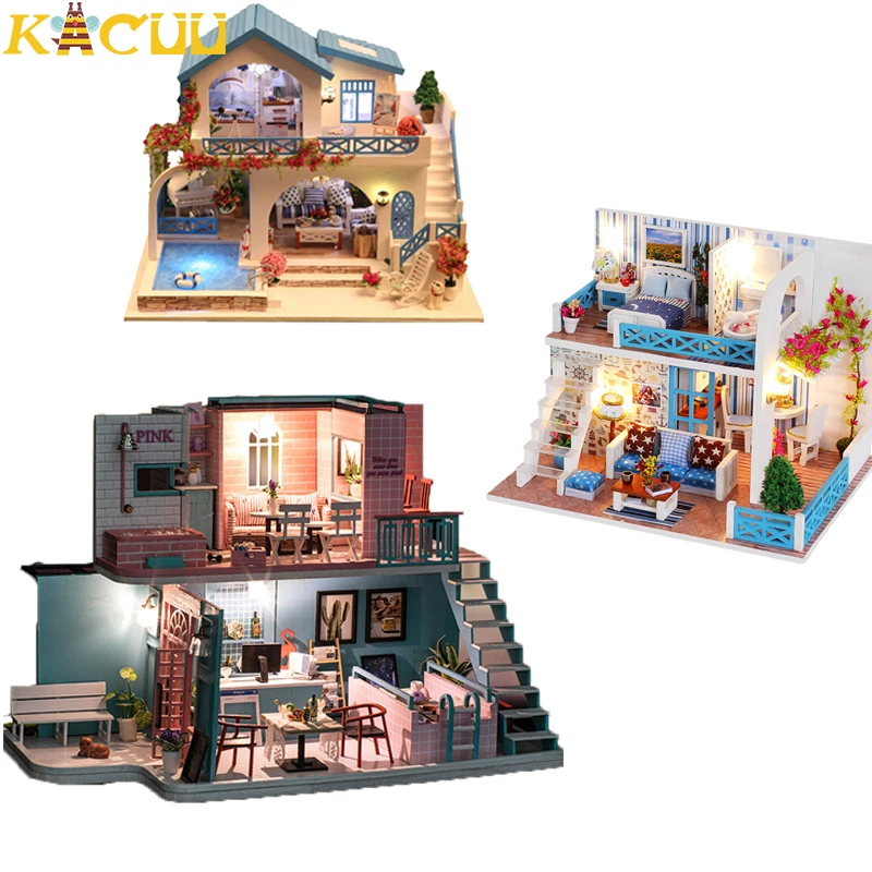 Kinder DIY Puppe Haus Mit Möbel Kits Holz Miniaturen Puppe Häuser Puppenhaus Mit LED Baby Montieren Spielzeug Weihnachten Geschenke