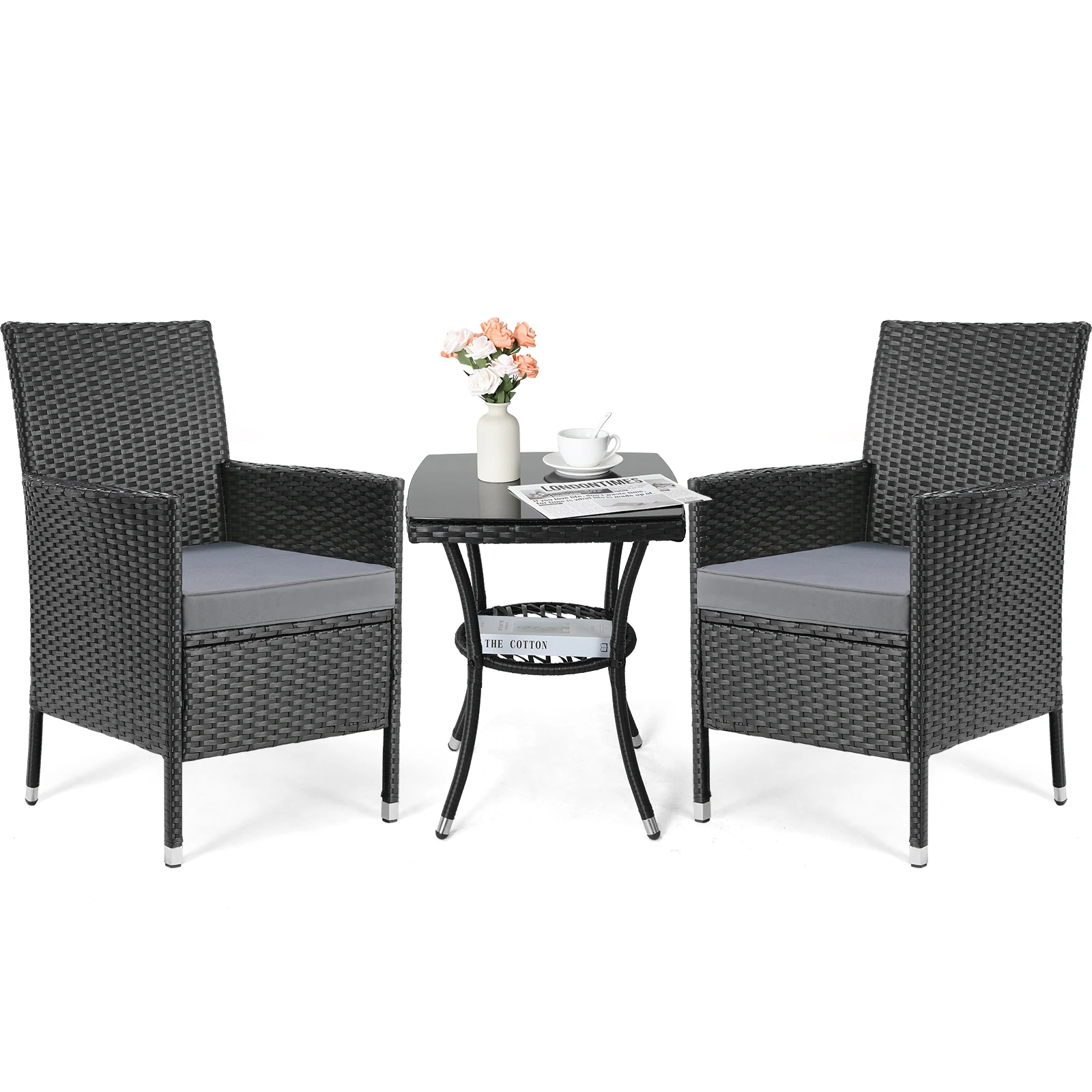 3-teiliges Sofa-Set aus Korbgeflecht und Rattan für Terrasse, Gartenmöbel, Gesprächssofa, Bistro-Set, gepolsterte Gartensofa-Set, Couchtisch + 2 Stühle Image