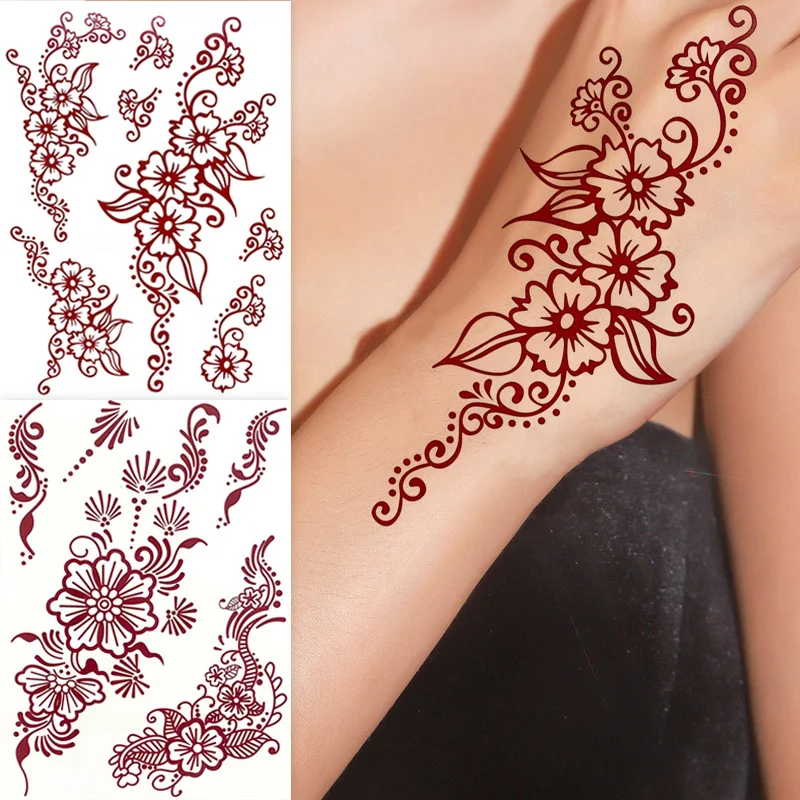Kastanienbraune Henna-Tattoo-Aufkleber für Hand und Körper, temporäre Blumen-Tattoos für Frauen, FakeTattoo für Hochzeitsfest Image