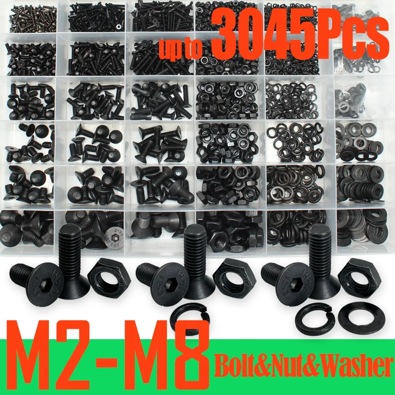 3045/2545 Sechs kant buchse schwarz Klasse 10,9 Sechs kant Innen sechs kant Innen sechs kant flache Senk kopfs ch raube Schraube Mutter Unter leg scheibe Sortiment Kit