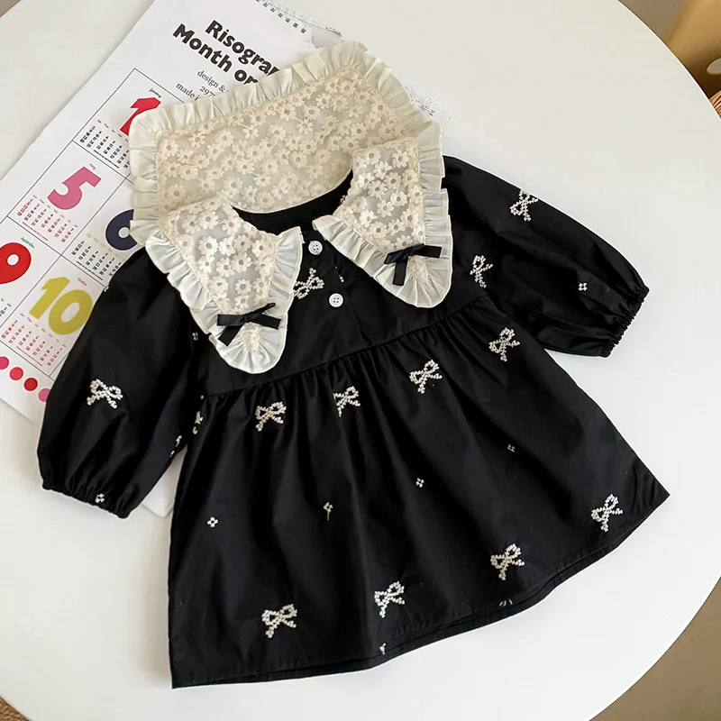 2024 Herbst Baby Mädchen Party kleid Baumwolle Stickerei Schleife Spleiß kleid lang ärmelig 0-6 Jahre Kinder Prinzessin Kleider Spitze Kleidung Image