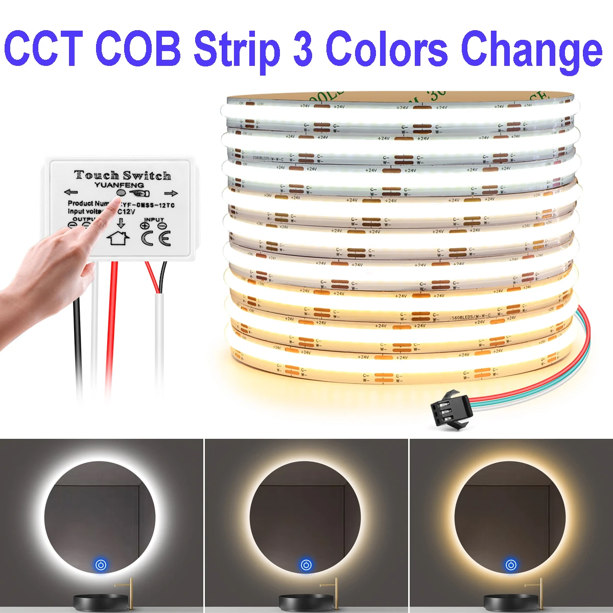 24 V 608 LEDs/M CCT COB LED Streifen Lichter für Badezimmer Spiegel Hintergrundbeleuchtung Band Touch Dimmen Schalter 2700 K-4000 K-6500 K Veränderbar