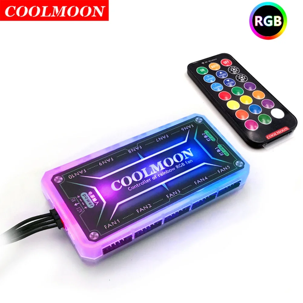 RGB-Lüfter Fernbedienung 12V Farb regler Hub mit 10 6-poligen Lüfter anschlüssen 2 5V 4-polige Licht balken anschlüsse für Coolmoon-Lüfter Image
