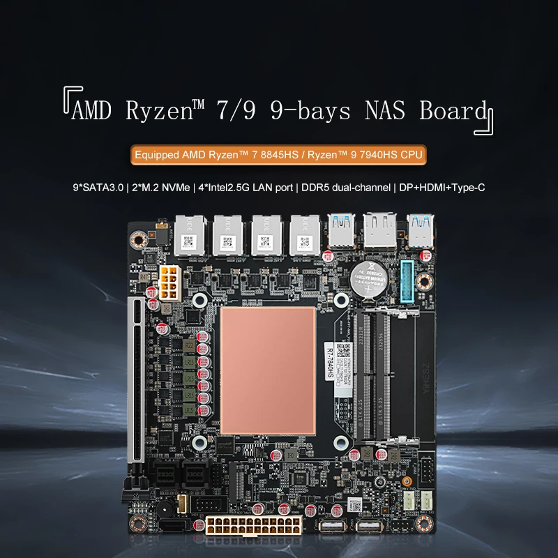 Amd ryzen 7 8845hs 9 sata 3,0 nas board asm1166 chip 4 * i226 2,5g 2 * m.2nvme pcle 16x2 * ddr5 tpye-c hdmi dp 17 x17 mini itx board