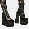 Schwarze Wildleder-Schnalle, Dekor, Plateau-Pumps, Riemchen, runde Zehenschuhe für Frauen, klobige High Heels, Punk-Schuhe, 2023, Zapatos Para Mujere