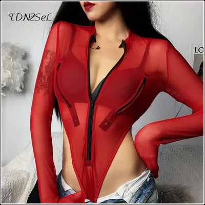 Frauen Langarm Sheer Mesh-Body Sexy Streetwear Transparent Durchsichtig Overall-Club Strampler 2020 Exotische Partei Overalls Image