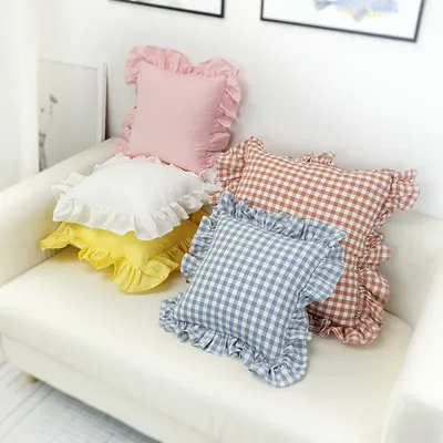 Blau/rot karierte Kissen Baumwolle gekräuselte Sofa kissen nordische moderne einfache bequeme Stoff Textur rosa Schlafzimmer Kissen Image