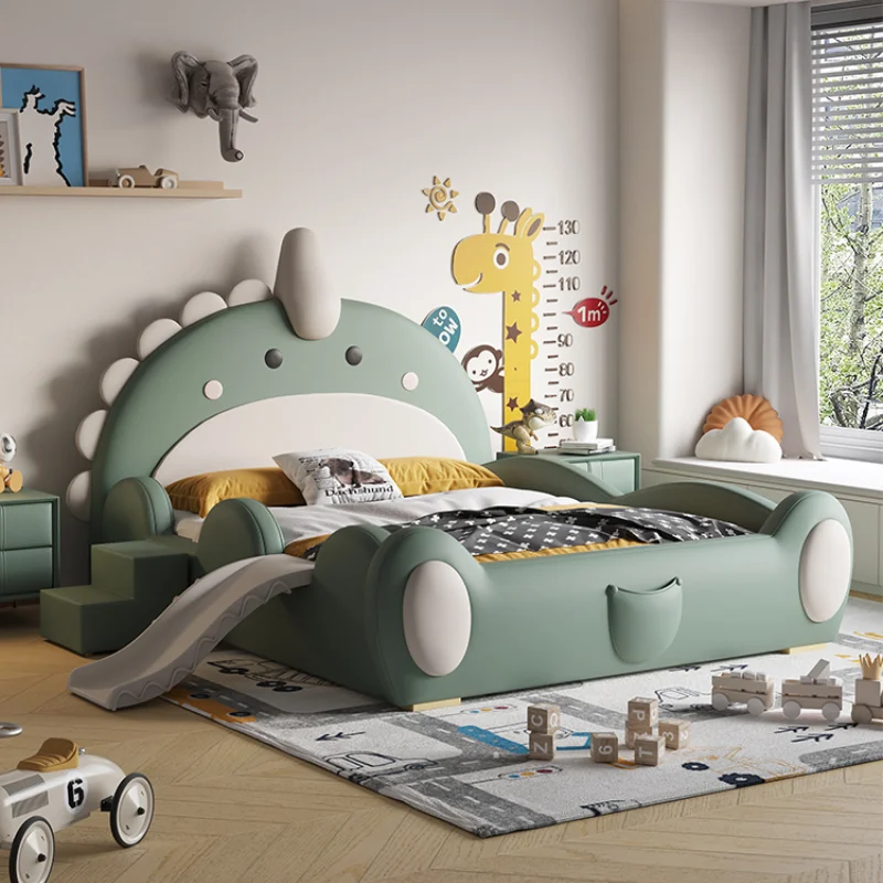 Cartoon kreative Dinosaurier Kinder bett Einzel bett mit Zaun Rutsche Jungen moderne einfache Holz kleine Wohnung Kinder bett Möbel Image