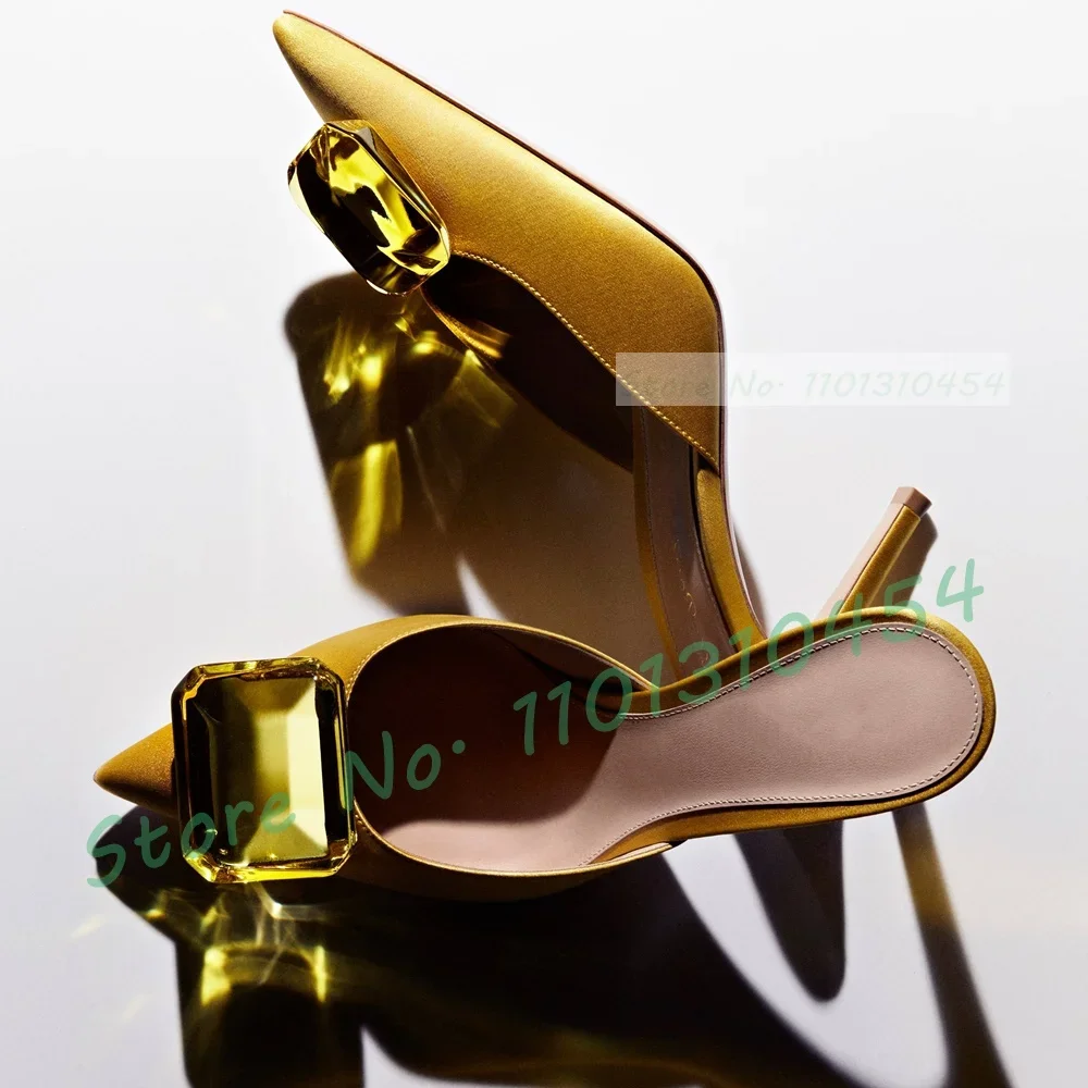 Edelstein gelbe Satin Panto letten Frauen Luxus Stöckels chuhe Sommer elegante grüne Schuhe Damen Urlaub lässig neue heiße Kristall Hausschuhe