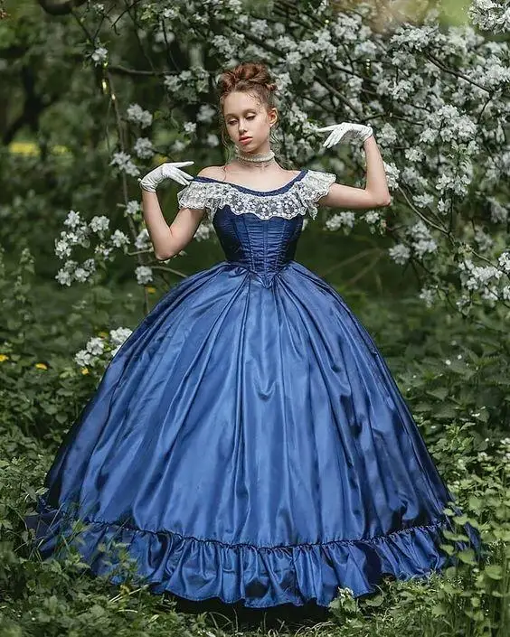 Viktoria nisches blaues Kleid Königin Scarlett Kleid von der Schulter elegantes Kleid Prinzessin Hochzeits kleid Bürgerkrieg südlichen Belle Tanz kleid