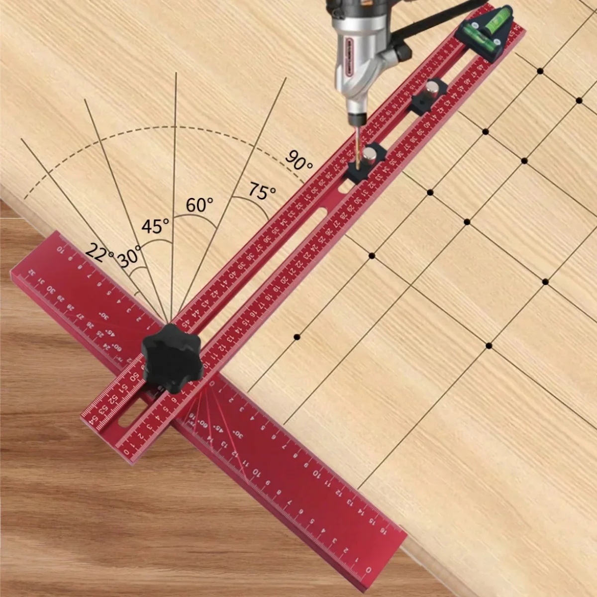 Einstellbares 2-in-1-Bohrpositionierungslineal, Schrank beschläge aus Aluminium legierung, Schrankschubladen-Türloch bohr schablone Image