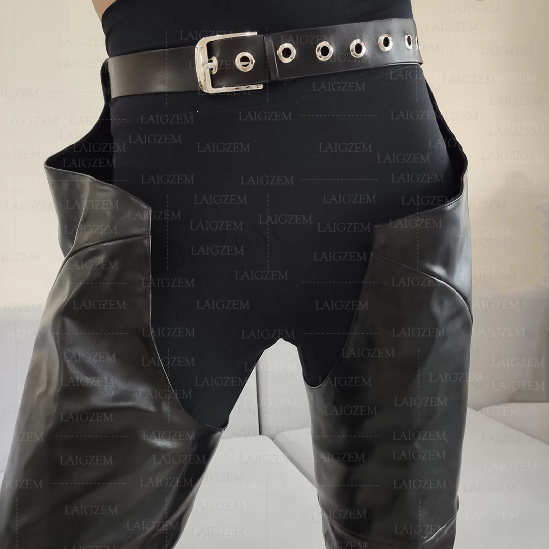 Zhima Frauen Oberschenkel High Chap Stiefel runde Zehen ziehen auf High Heels Kunstleder Stiefel Schuhe Frau Club Party große Größe 42 44 47 52