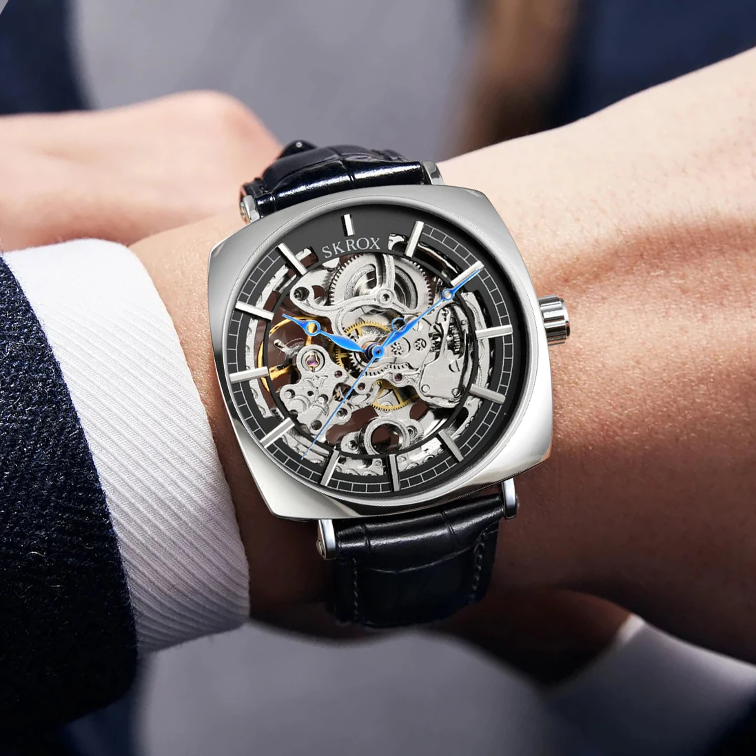 SKROX Quadratisches Skelett Automatikwerk Eleganter Mann AAA Uhr Mechanische Herrenarmbanduhren Original High-End-Luxusuhrwerk Image