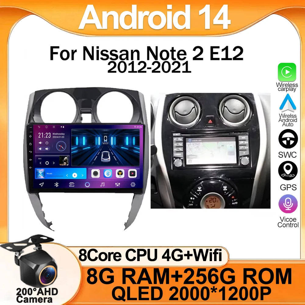 Carplay Android 14 Für Nissan Note 2 E12 2012-2021 Auto Stereo Radio Multimedia Player Navigation Kopf einheit GPS QLED 5G WIFI BT Image