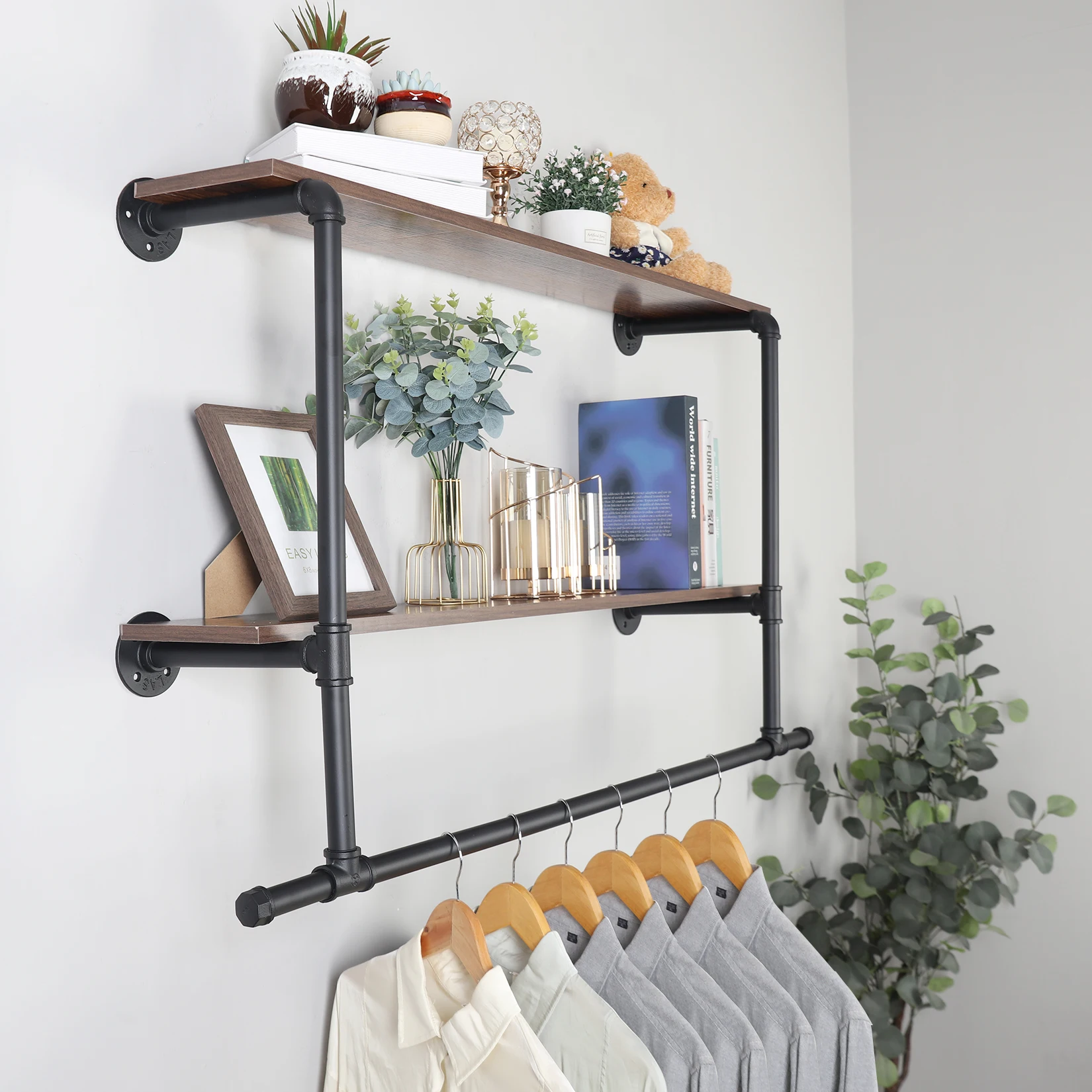 Industrie rohr Kleider ständer Wand Holz regal, Rohr regal schwimmende Regale, Einzelhandel Kleider ständer Display Rack Kleidung