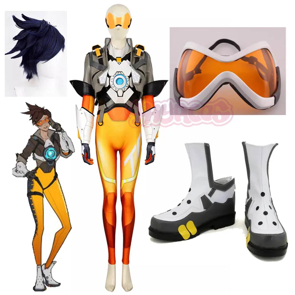 Spiel ow2 Lena Oxton Tracer Cosplay Outfit Soldat 76 Halloween Kostüme mit Overall Schuhe Brille führte leichte Brust zurück Requisiten