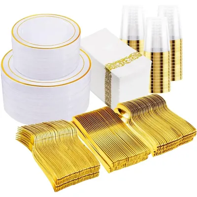 700 Pcs Gold Dinnerware Set, Plastic Dinnerware Set Perfect for 100 Guests Include: 100 Gold Rim