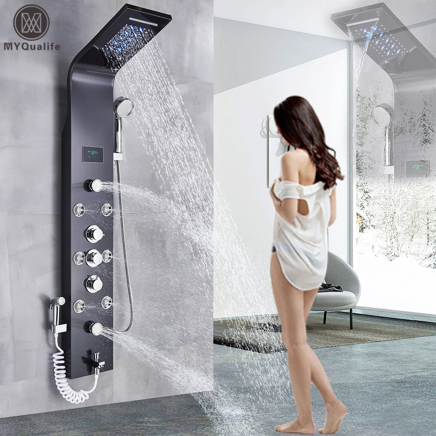 Schwarz LED Licht Dusche Wasserhahn Badezimmer SPA Massage Jet Dusche Säule System Wasserfall Regen Dusche Panel Bidet Sprayer Wasserhahn
