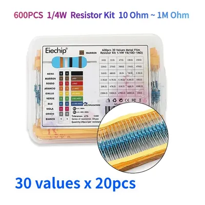 600 stücke 1/4w Widerstand Kit 10 Ohm-1MOhm 0,25 w Metall film Widerstand Set ± 1% Carbon Film Einzel widerstand 30Typ elektronische Komponenten Image