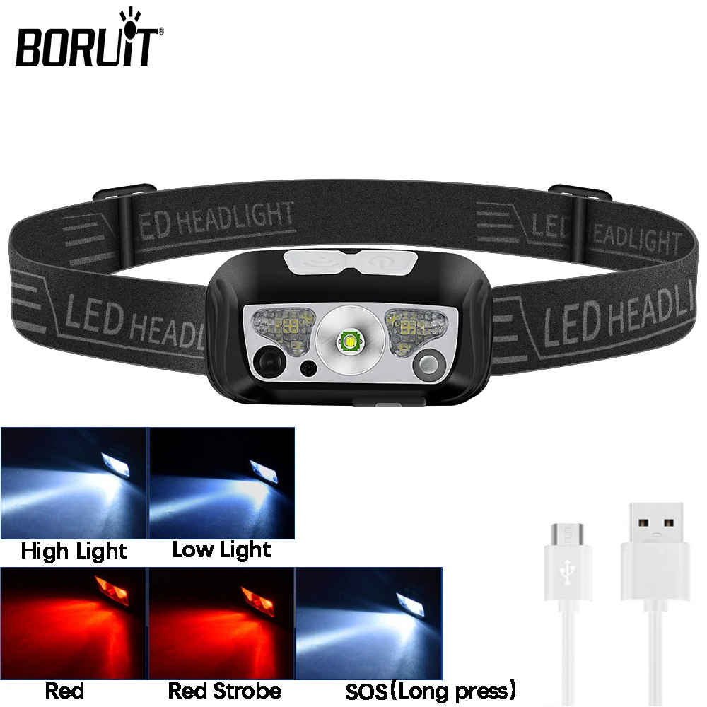 Boruit b12 mini sensor arbeit led scheinwerfer usb wiederauf ladbarer scheinwerfer 5 licht modus kopf taschenlampe wasserdichte fisch laterne