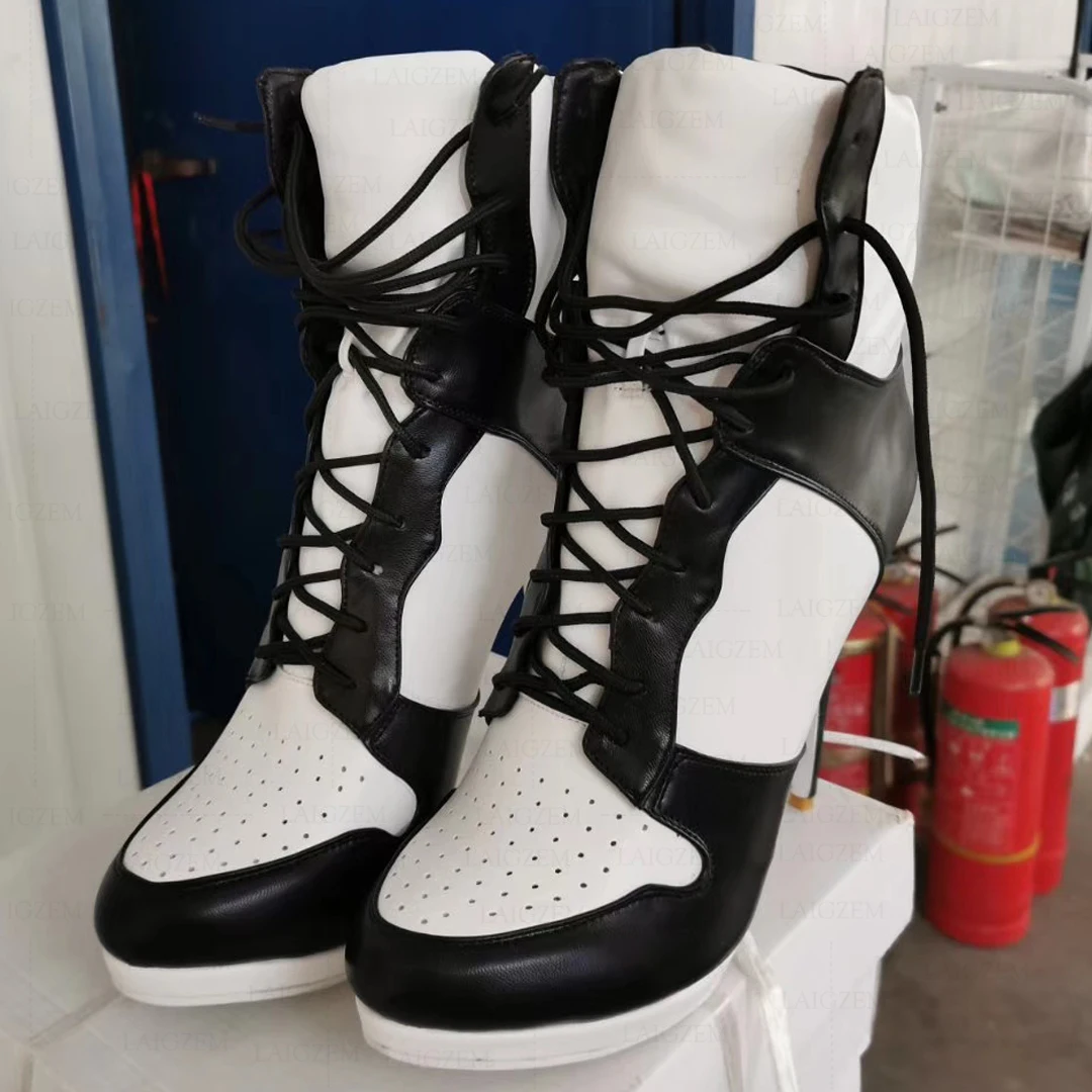 Dohbaner Frauen Stiefeletten runde Zehen dünne High Heels schnüren kurze Stiefeletten Kunstleder Damenschuhe Frau große Größe 41 43 47 52