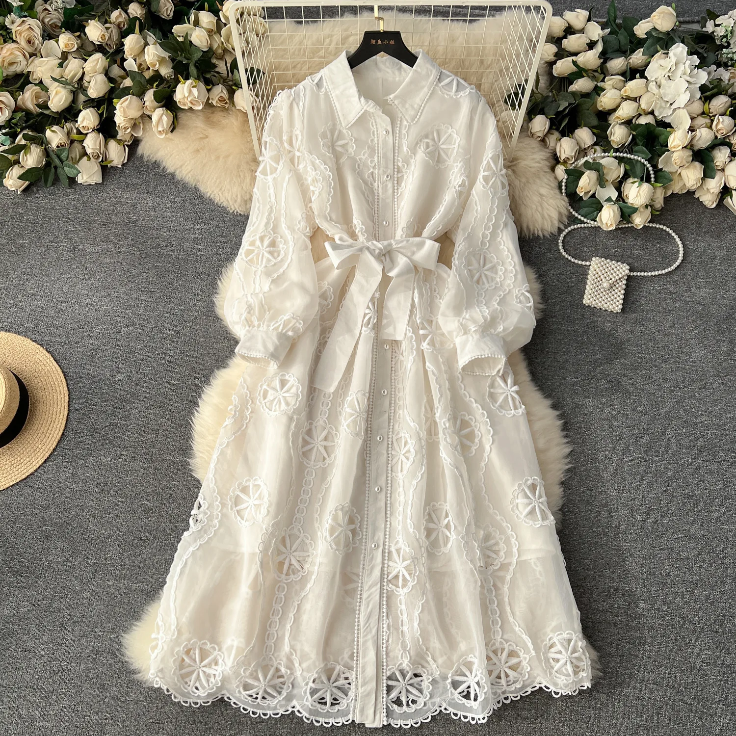 Frauen Kleid Kleid Kleider eine Linie mittellange Vestidos elegant weiß umdrehen Kragen sexy schlank y2k aushöhlen Puff ärmel elegant
