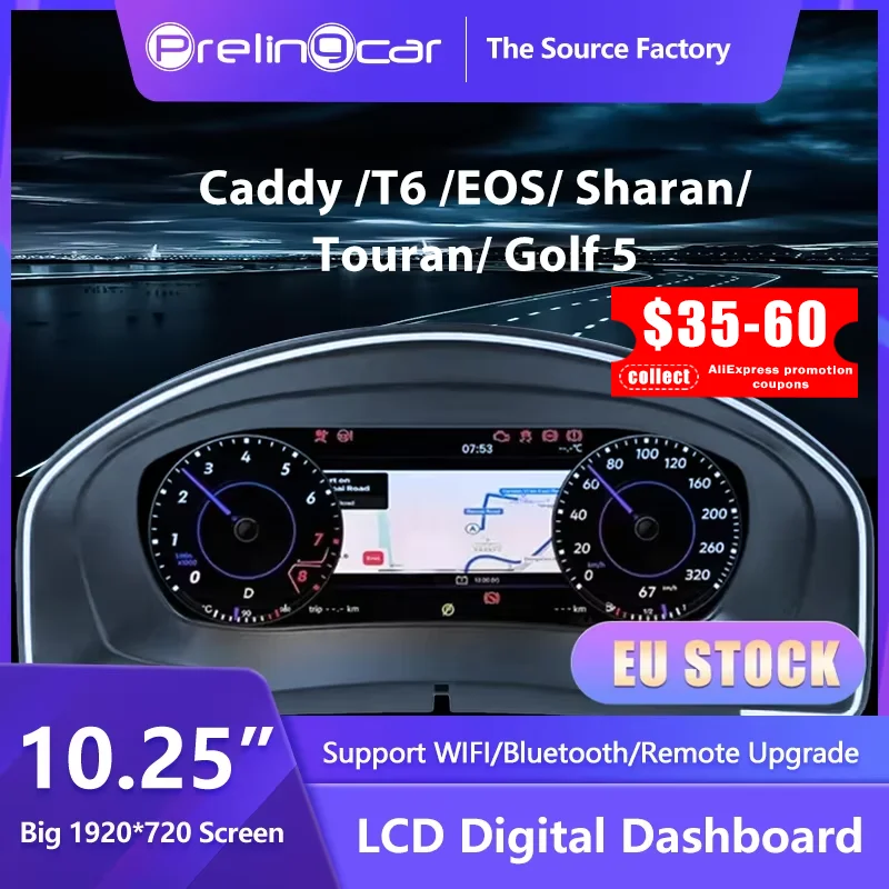 PrelingCar 10,25 Digitales Armaturenbrett-Cluster für VW Variant Caddy Touran T6 EOS Sharan Golf 5, virtuelles Instrumententafel-Cockpit Image